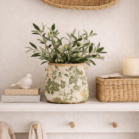 6.5” Tuscan Ceramic Green Scroll Planter - Distressed Farmhouse Planter