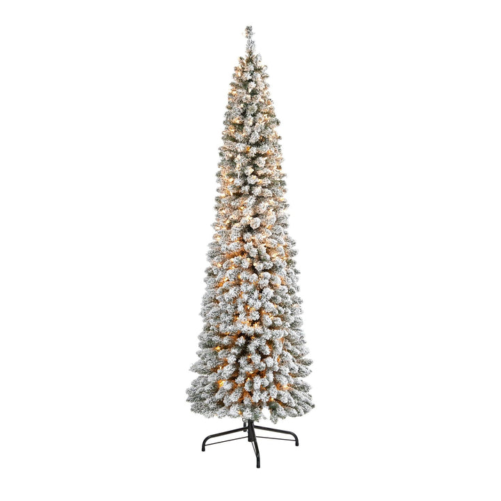 7' Flocked Pencil Artificial Christmas Tree with 400 Clear Lights and 574 Bendable Branches, artificial Christmas tree for festive holiday home decor from Ce...