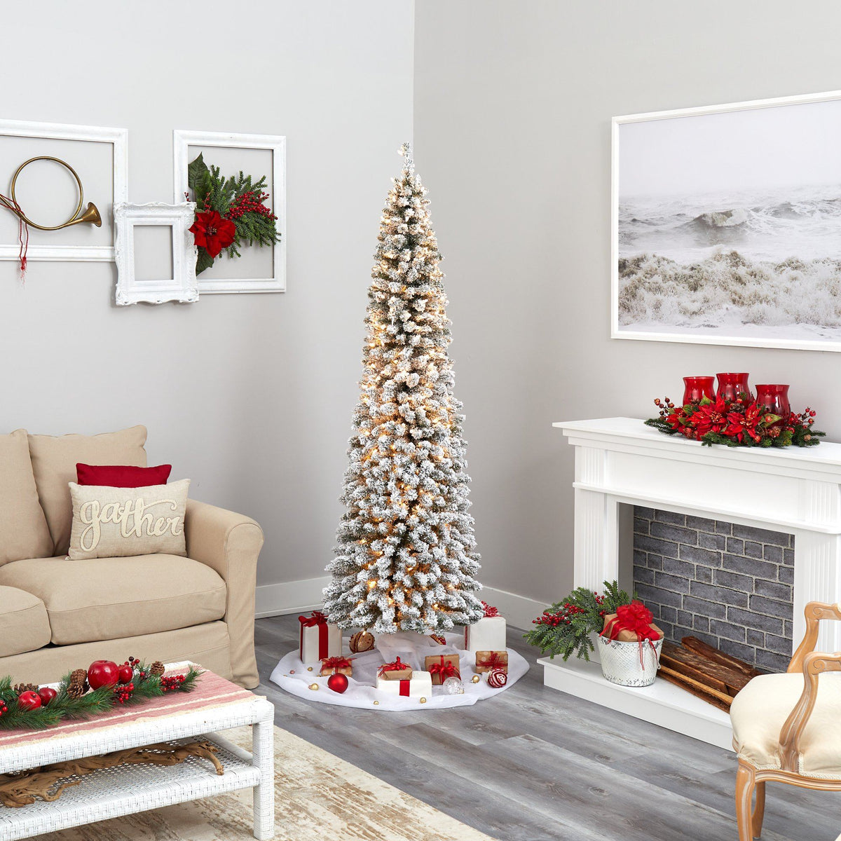 7' Flocked Pencil Artificial Christmas Tree with 400 Clear Lights and 574 Bendable Branches, holiday tree for festive indoor Christmas decorating