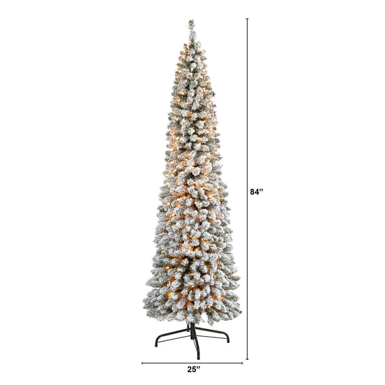 7' Flocked Pencil Artificial Christmas Tree with 400 Clear Lights and 574 Bendable Branches, artificial Christmas tree for festive holiday home decor from Ce...