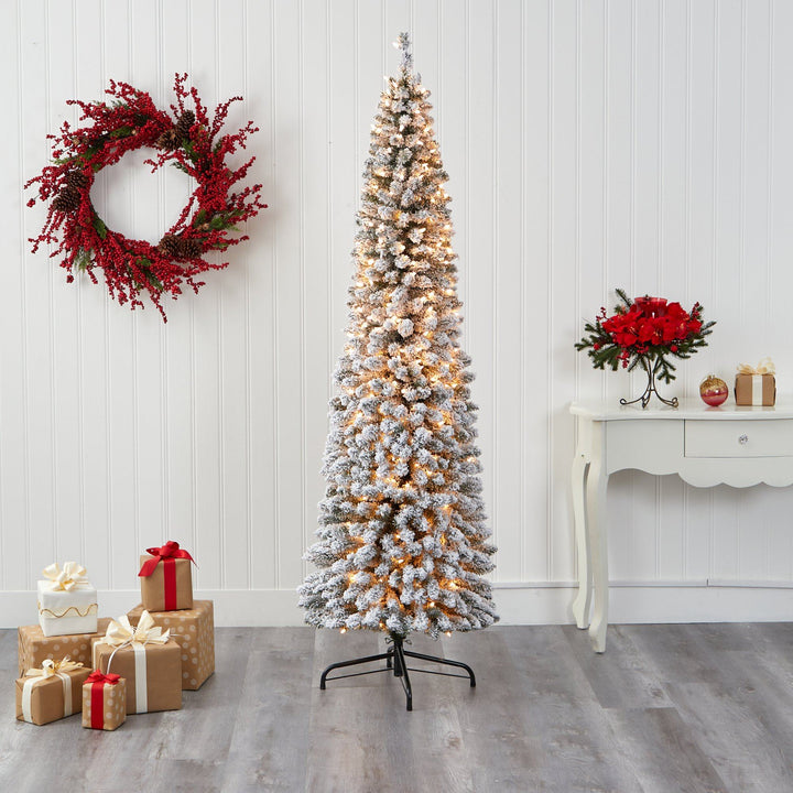 7' Flocked Pencil Artificial Christmas Tree with 400 Clear Lights and 574 Bendable Branches, Christmas tree for living room, entryway or seasonal display