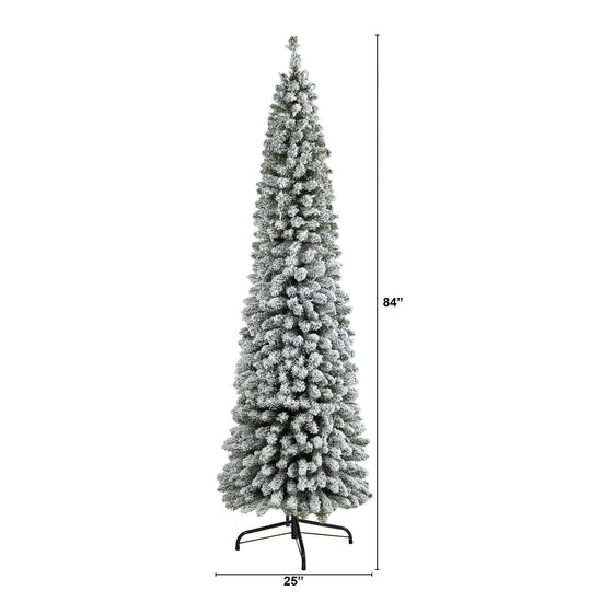 7' Flocked Pencil Artificial Christmas Tree with 574 Bendable Branches, decorative Christmas tree for home and seasonal holiday display