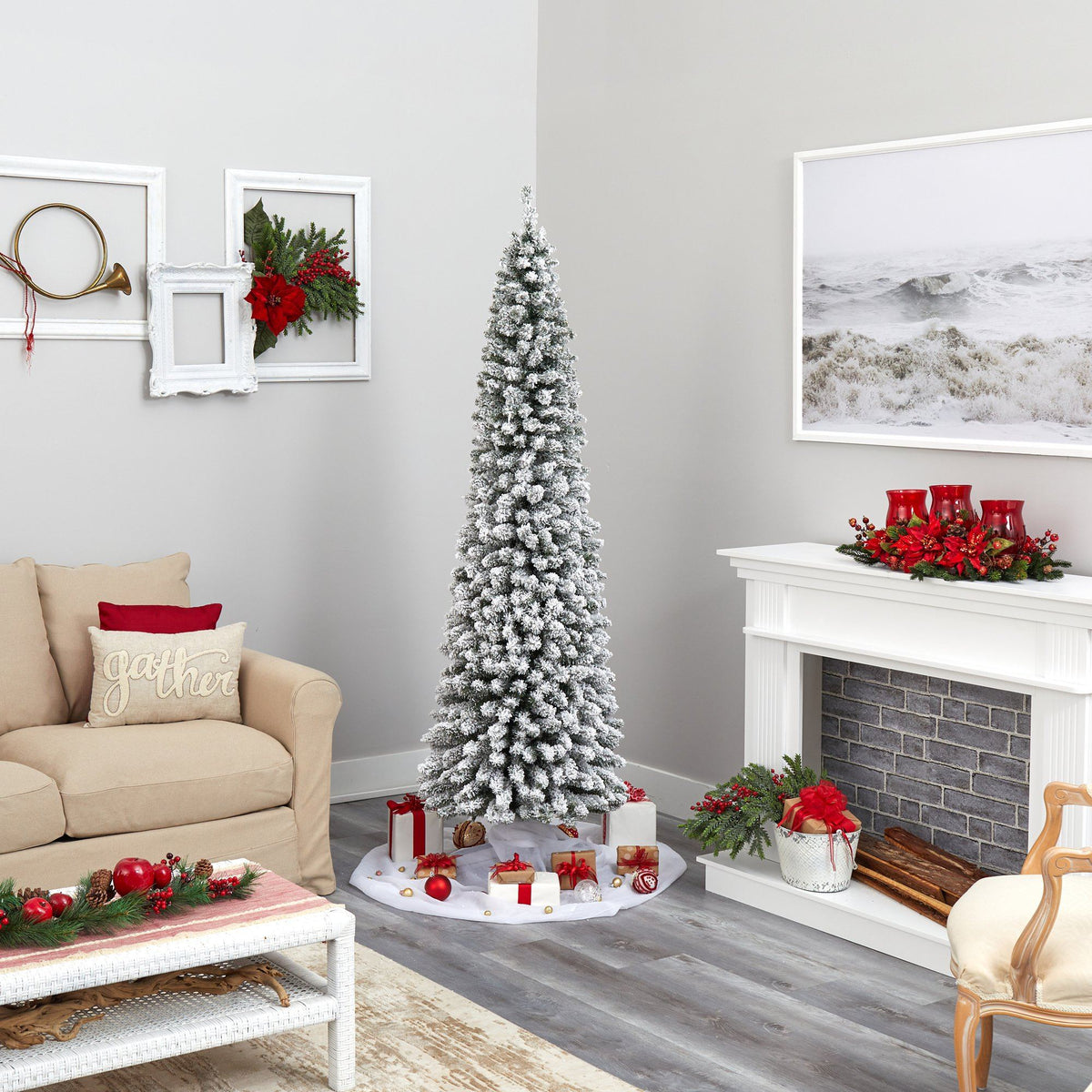 7' Flocked Pencil Artificial Christmas Tree with 574 Bendable Branches, holiday tree for festive indoor Christmas decorating