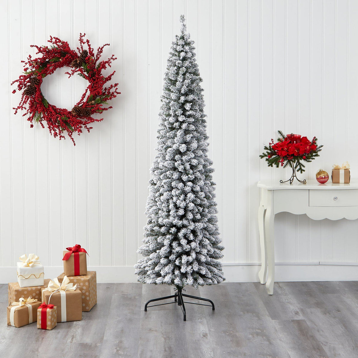 7' Flocked Pencil Artificial Christmas Tree with 574 Bendable Branches, Christmas tree for living room, entryway or seasonal display