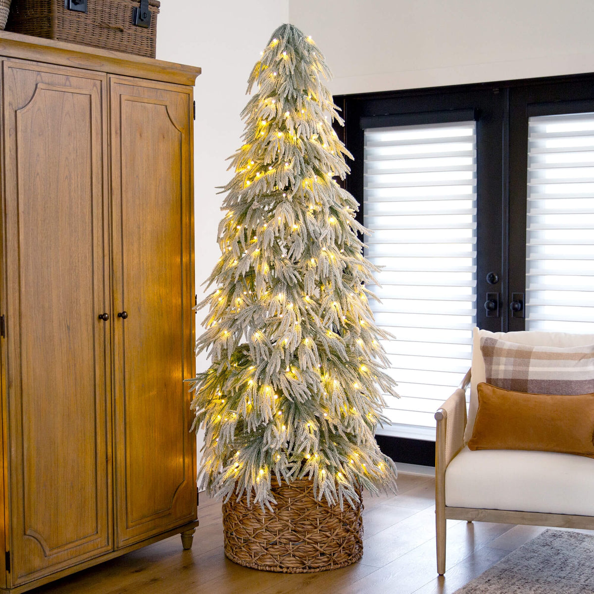 7' Flocked Down Swept Artificial Christmas Tree with 300 LED Lights, holiday tree for festive indoor Christmas decorating