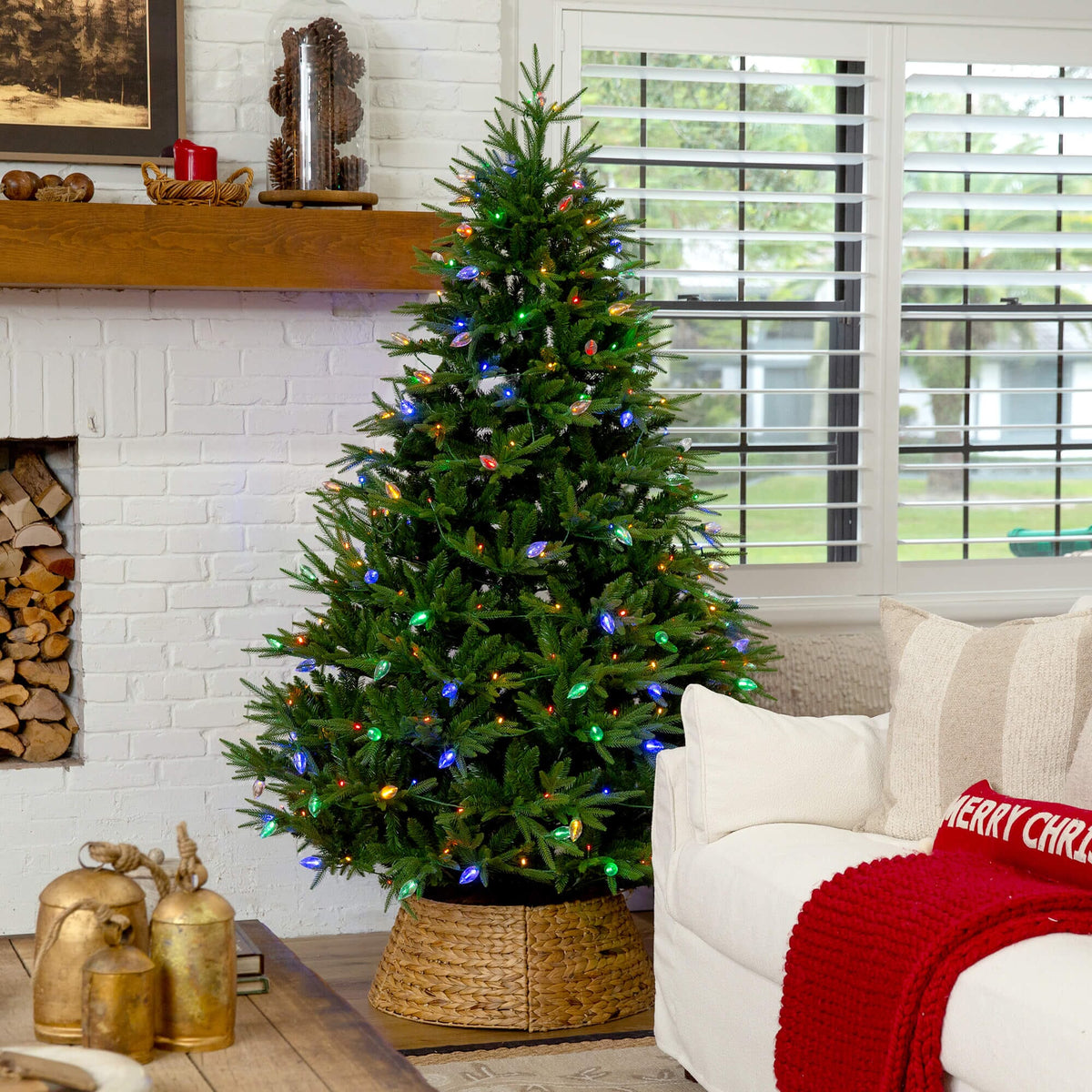 7' Pre-Lit Artificial Luxembourg Pine Christmas Tree with 340 Multicolored Traditional Bulb LED Lights, holiday tree for festive indoor Christmas decorating