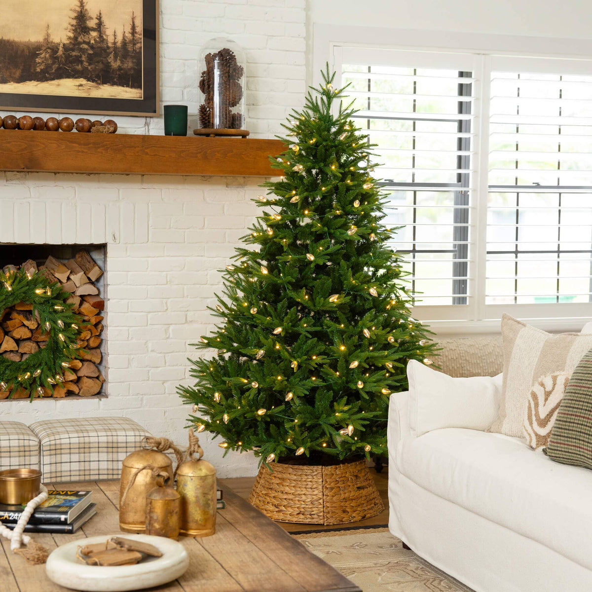 7' Pre-Lit Artificial Luxembourg Pine Christmas Tree with 340 Multicolored Traditional Bulb LED Lights, holiday tree for festive indoor Christmas decorating