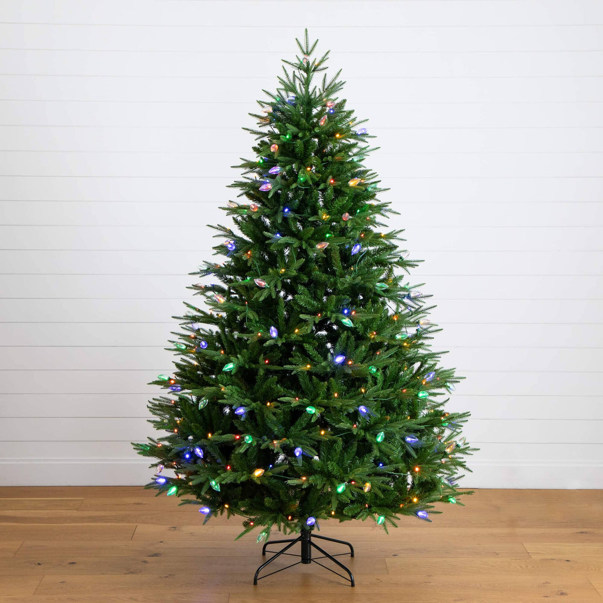 7' Pre-Lit Artificial Luxembourg Pine Christmas Tree with 340 Multicolored Traditional Bulb LED Lights, Christmas tree for living room, entryway or seasonal...
