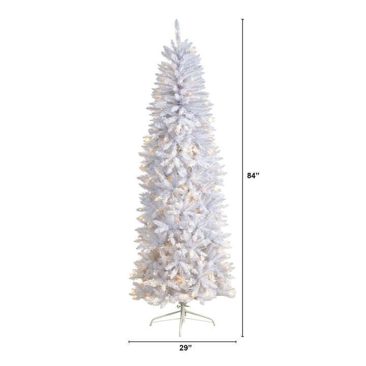7' Slim White Artificial Christmas Tree with 300 Warm White LED Lights and 955 Bendable Branches, Christmas tree for living room, entryway or seasonal display
