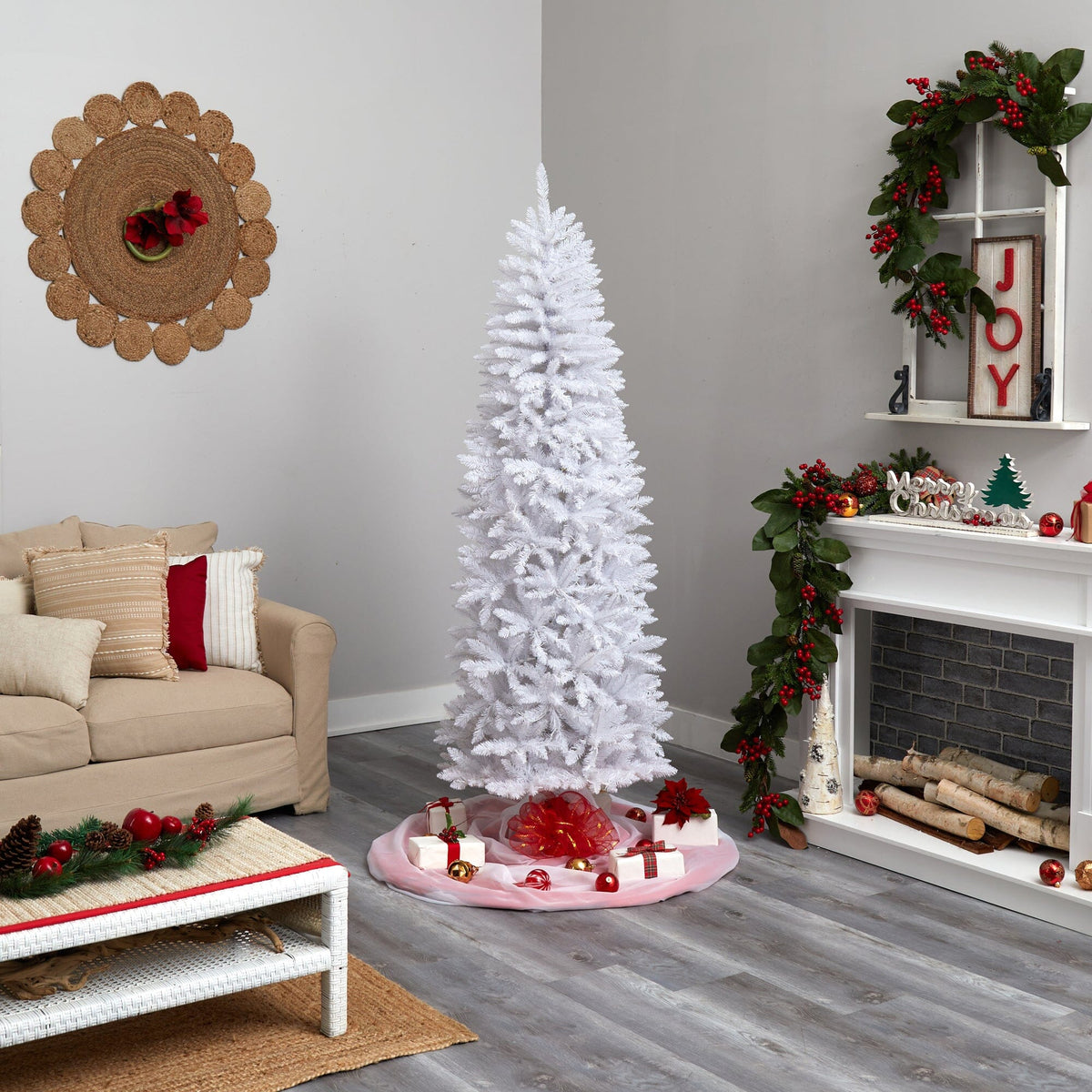 7' Slim White Artificial Christmas Tree with 995 Bendable Branches, artificial Christmas tree for festive holiday home decor from Cedar & Spice Gifts
