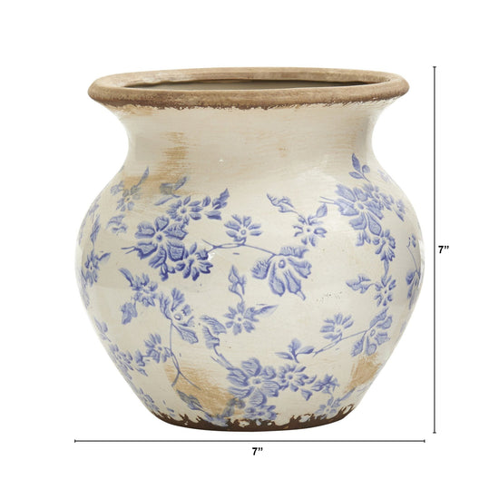 7” Tuscan Ceramic Blue Scroll Urn Vase - Vintage Farmhouse Vase