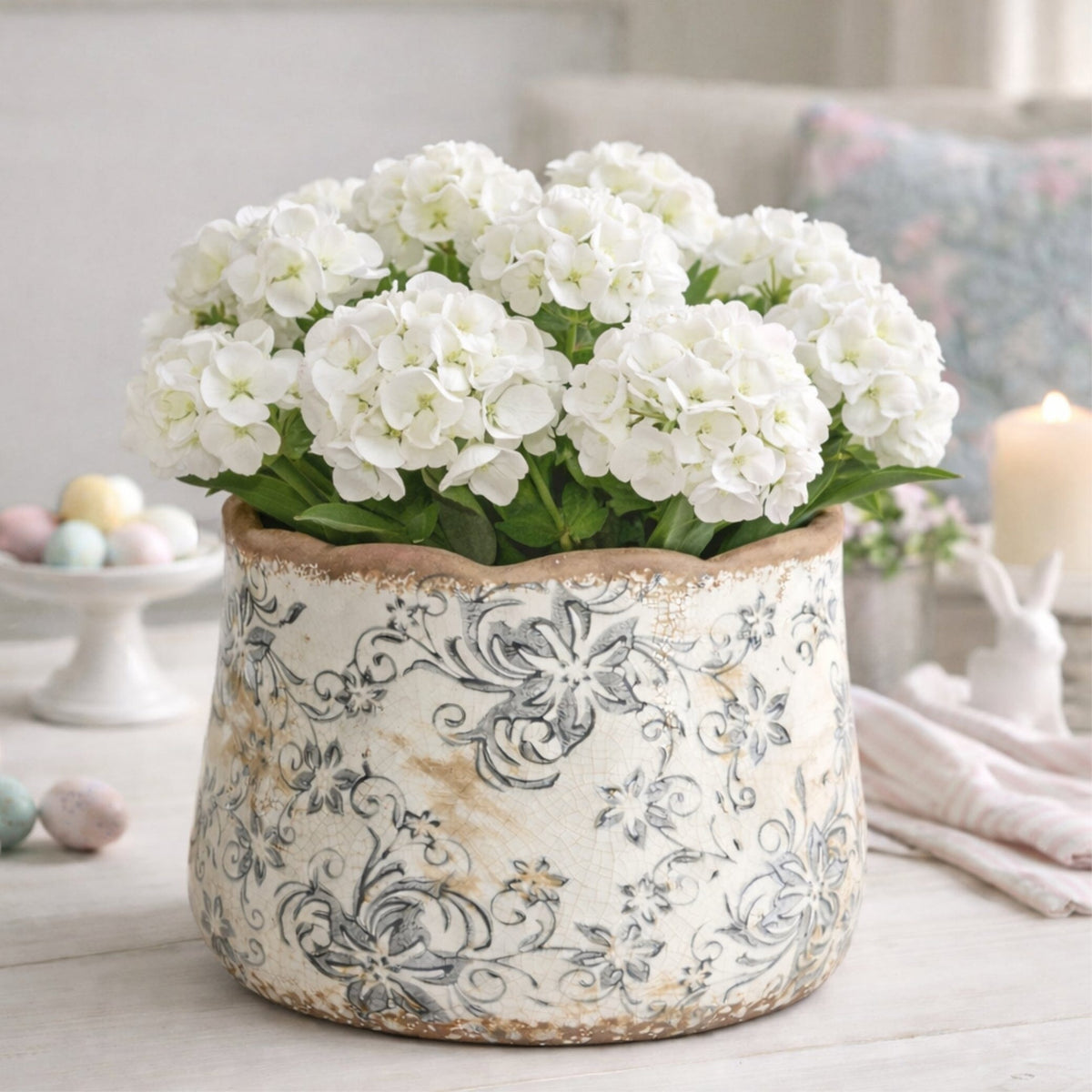 7” Tuscan Ceramic Gray Scroll Planter - Rustic Indoor Planter