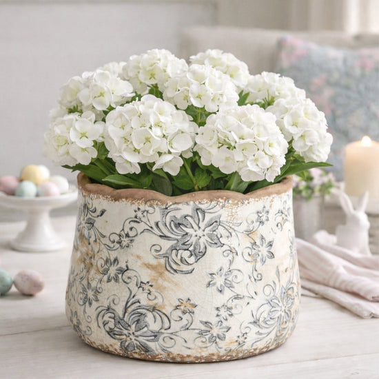 7” Tuscan Ceramic Gray Scroll Planter - Rustic Indoor Planter