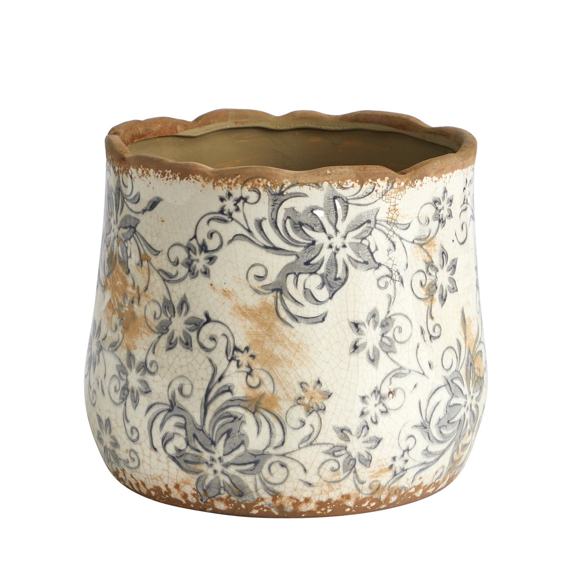 7” Tuscan Ceramic Gray Scroll Planter - Rustic Indoor Planter