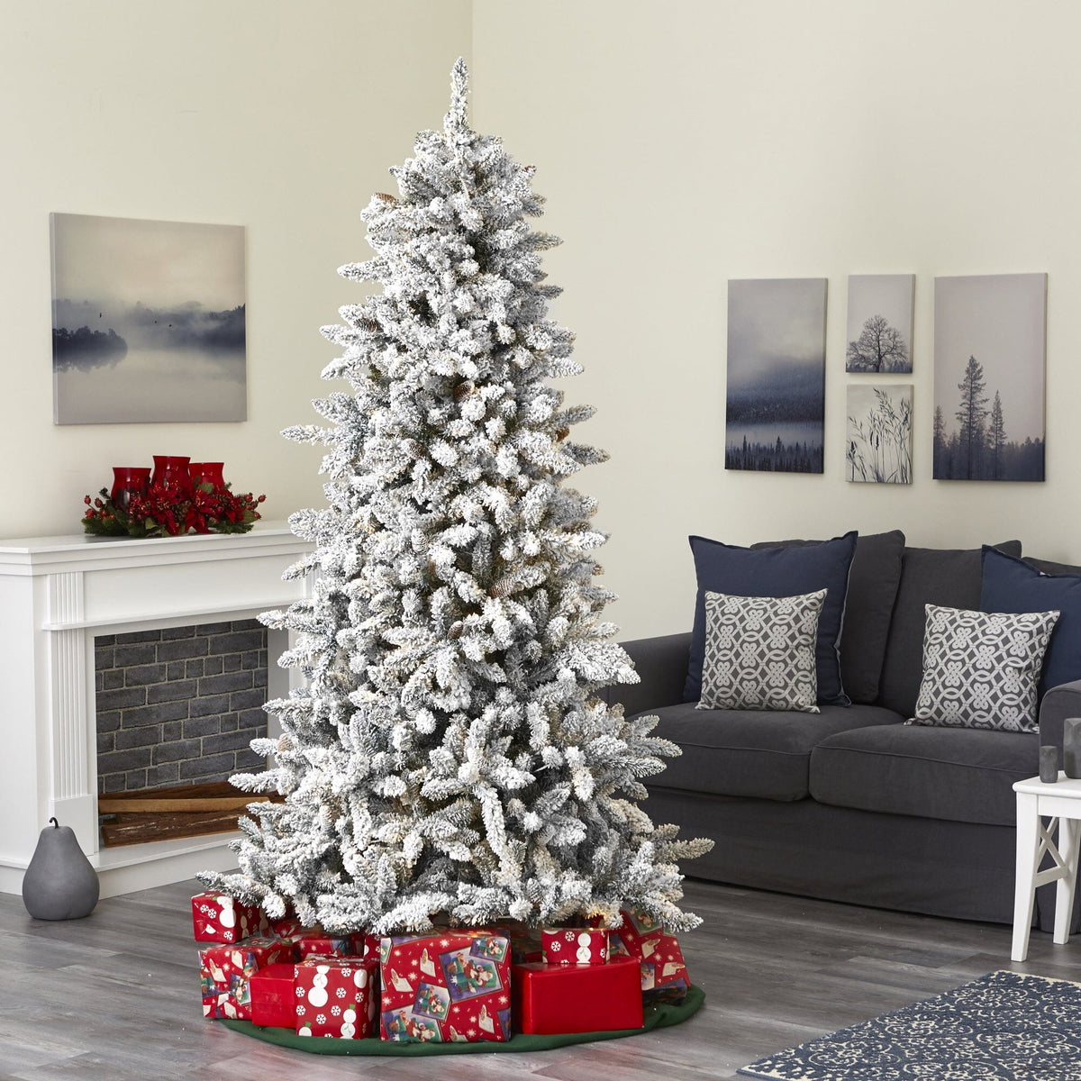 7.5' Flocked Livingston Fir Artificial Christmas Tree with Pine Cones and 1336 Bendable Branches, Christmas tree for living room, entryway or seasonal display