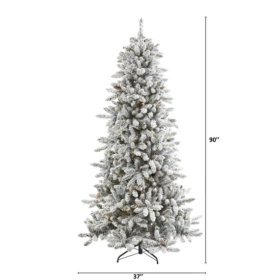 7.5' Flocked Livingston Fir Artificial Christmas Tree with Pine Cones and 1336 Bendable Branches, Christmas tree for living room, entryway or seasonal display