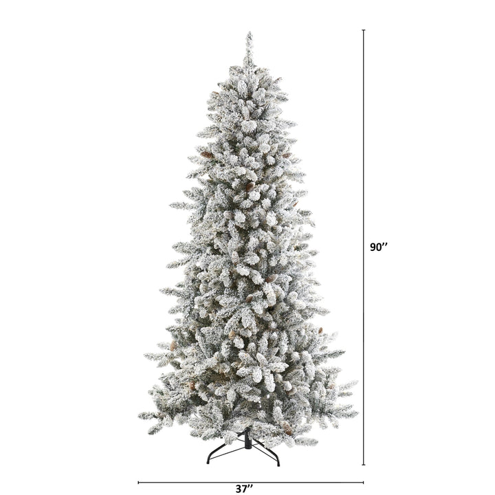7.5' Flocked Livingston Fir Artificial Christmas Tree with Pine Cones and 1336 Bendable Branches, Christmas tree for living room, entryway or seasonal display