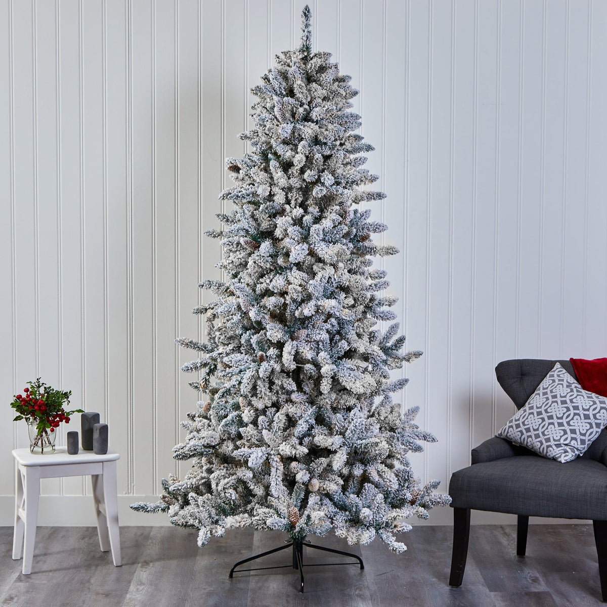 7.5' Flocked Livingston Fir Artificial Christmas Tree with Pine Cones and 1336 Bendable Branches, holiday tree for festive indoor Christmas decorating
