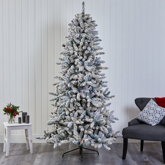 7.5' Flocked Livingston Fir Artificial Christmas Tree with Pine Cones and 1336 Bendable Branches, holiday tree for festive indoor Christmas decorating