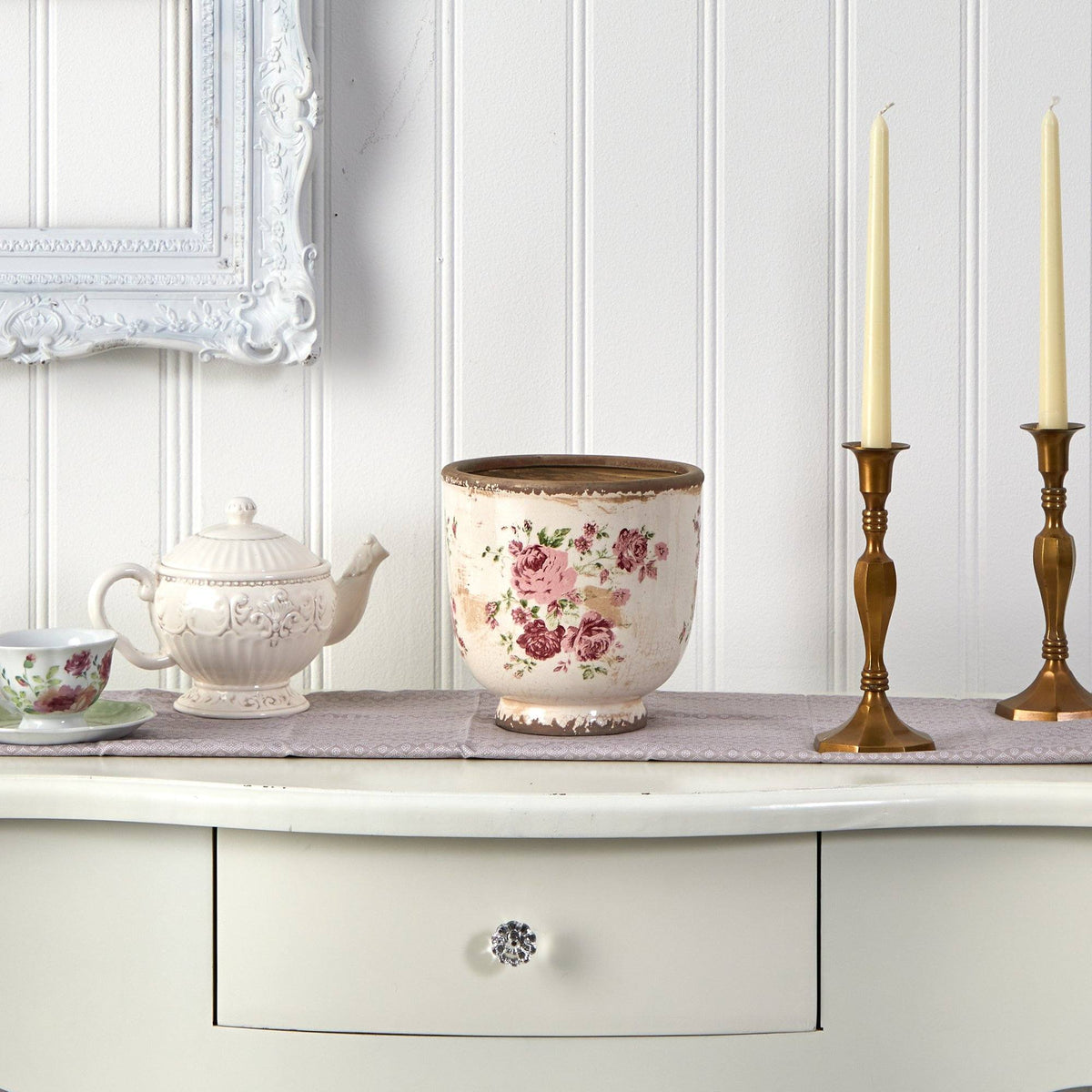 7.5” Tuscan Ceramic Floral Print Planter - Vintage Farmhouse Planter