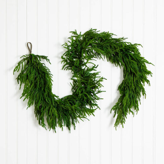 8' Artificial Real Touch Norfolk Island Pine Garland with Natural Look, realistic greenery decor for mantel, staircase or doorway from Cedar & Spice Gifts