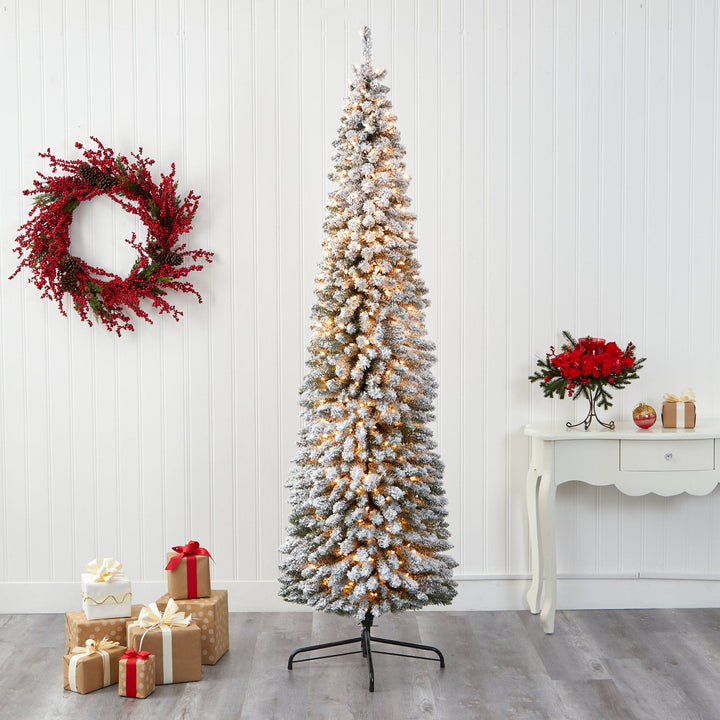 8' Flocked Pencil Artificial Christmas Tree with 500 Clear Lights and 646 Bendable Branches, Christmas tree for living room, entryway or seasonal display
