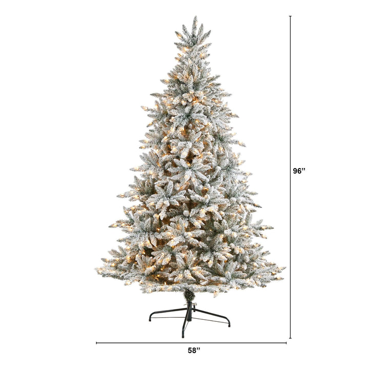 8' Flocked West Virginia Spruce Christmas Tree with 600 Clear Lights and 1856 Bendable Branches, Christmas tree for living room, entryway or seasonal display