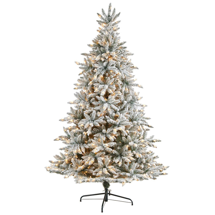 8' Flocked West Virginia Spruce Christmas Tree with 600 Clear Lights and 1856 Bendable Branches, artificial Christmas tree for festive holiday home decor fro...
