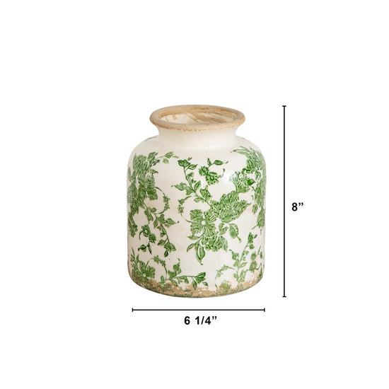 8” Floral Tuscan Ceramic Green Scroll Vase - Vintage Inspired Vase