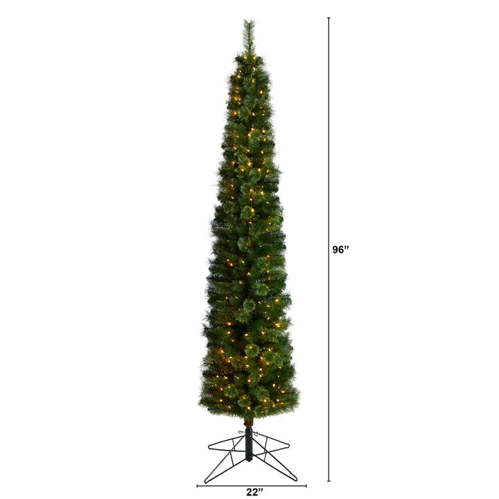 8' Green Pencil Christmas Tree with 200 Clear (Multifunction) LED Lights and 402 Bendable Branches, Christmas tree for living room, entryway or seasonal display