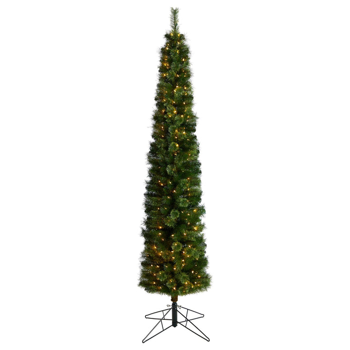 8' Green Pencil Christmas Tree with 200 Clear (Multifunction) LED Lights and 402 Bendable Branches, artificial Christmas tree for festive holiday home decor...