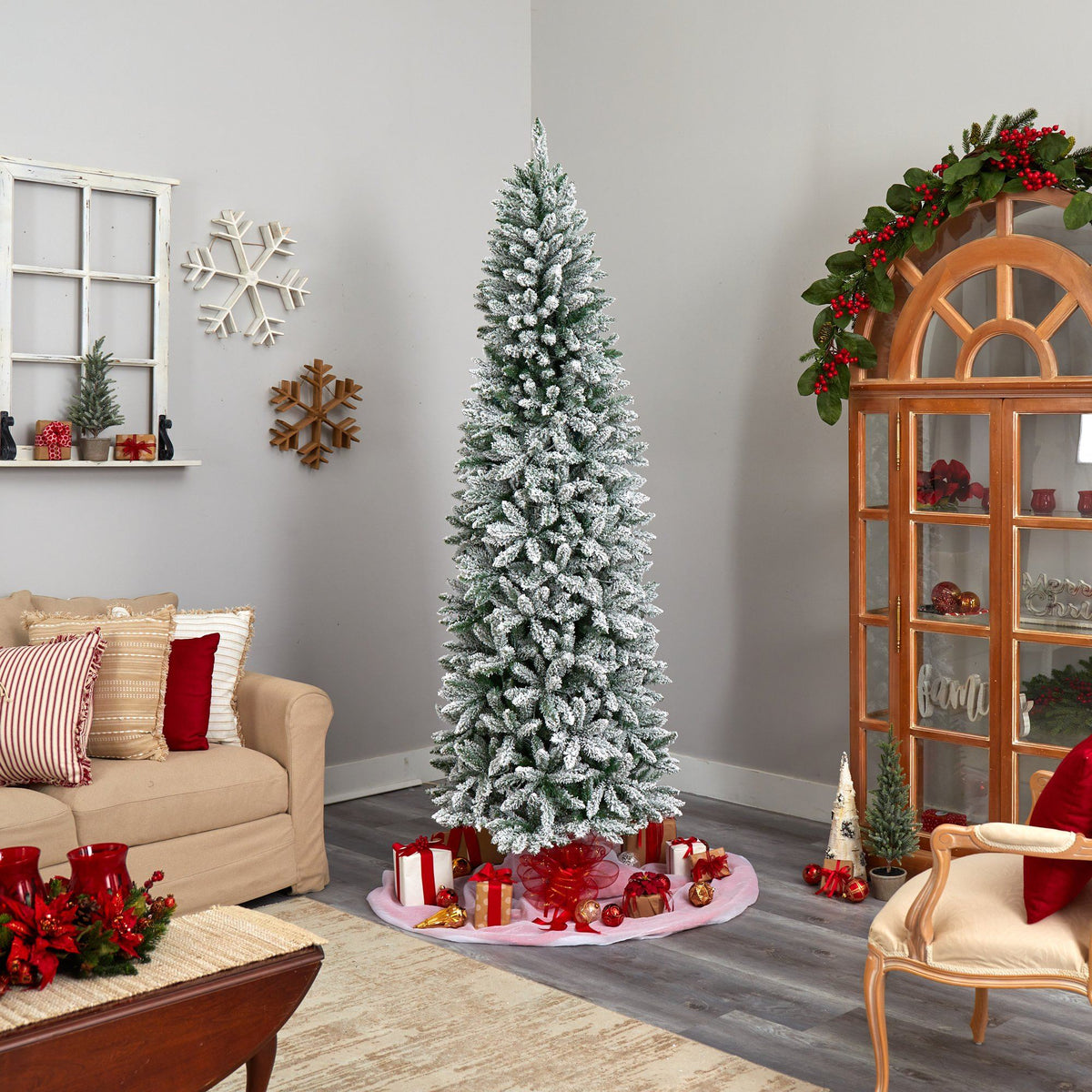 8' Slim Flocked Montreal Fir Artificial Christmas Tree, decorative Christmas tree for home and seasonal holiday display