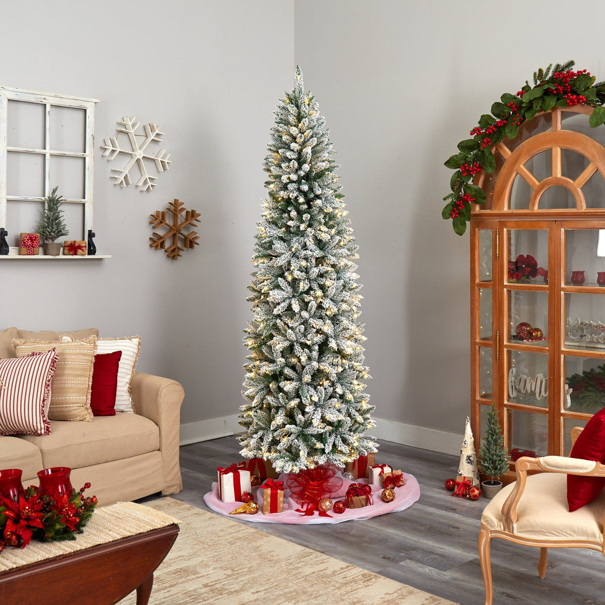 8' Slim Flocked Montreal Fir Artificial Christmas Tree, holiday tree for festive indoor Christmas decorating