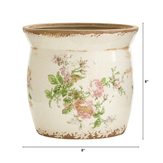 8” Tuscan Ceramic Floral Print Planter - Farmhouse Decorative Planter