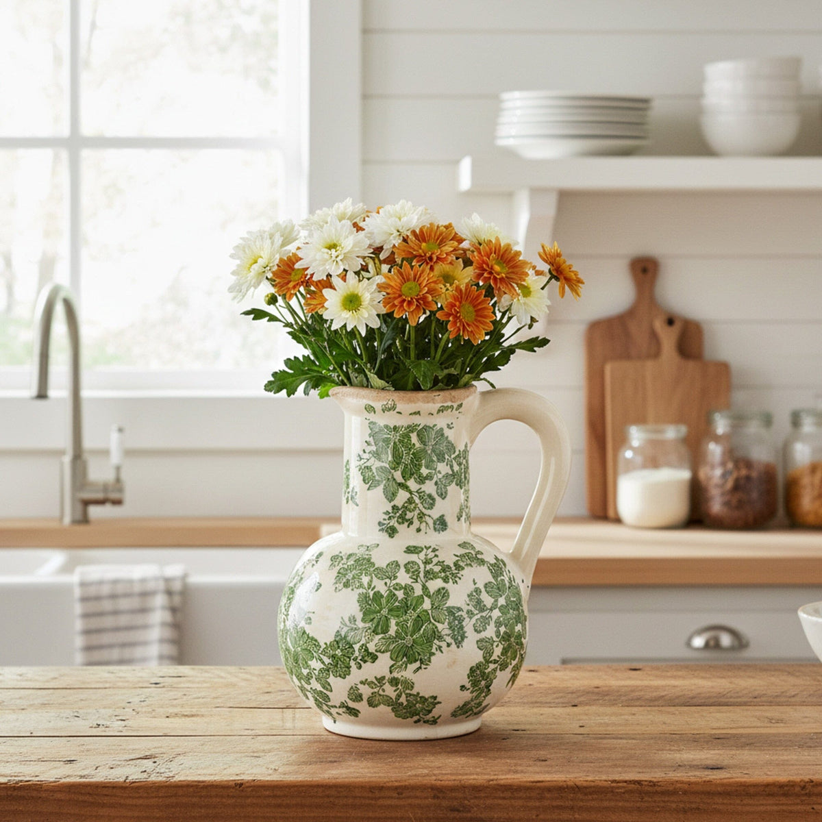 9”  Floral Tuscan Ceramic Green Scroll Jar - Antiqued Vase