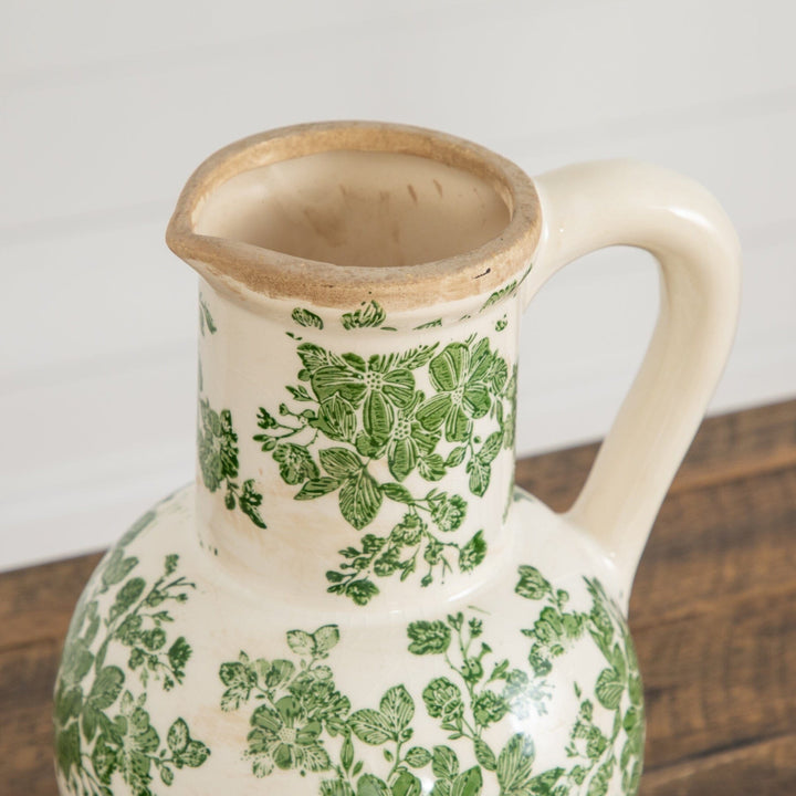 9”  Floral Tuscan Ceramic Green Scroll Jar - Antiqued Vase