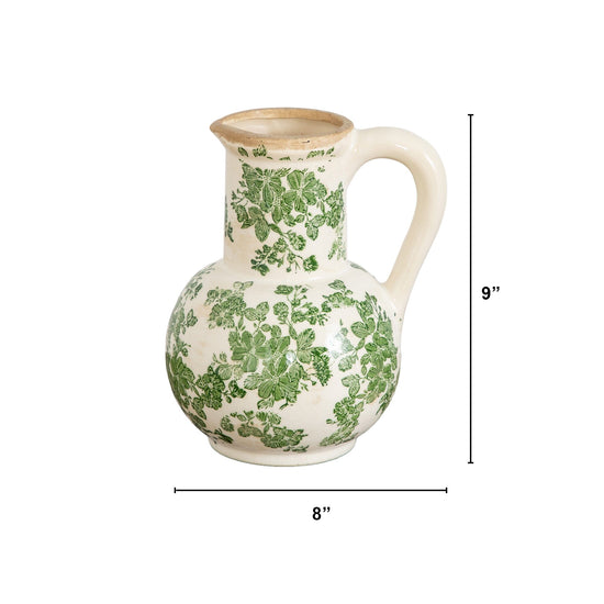 9”  Floral Tuscan Ceramic Green Scroll Jar - Antiqued Vase