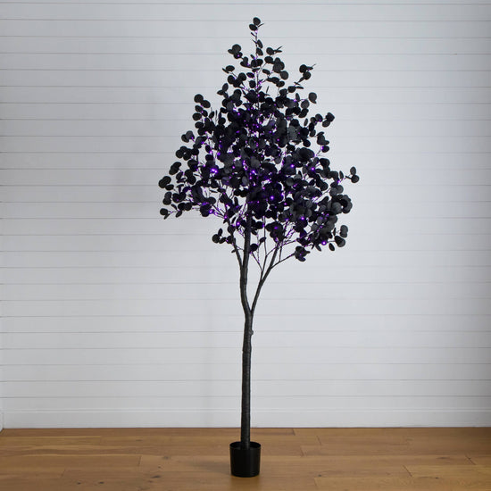 9' Pre-Lit Artificial Halloween Black Eucalyptus Tree with 700 Orange & Purple LED Lights