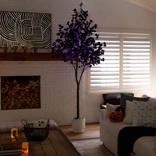 9' Pre-Lit Artificial Halloween Black Eucalyptus Tree with 700 Orange & Purple LED Lights