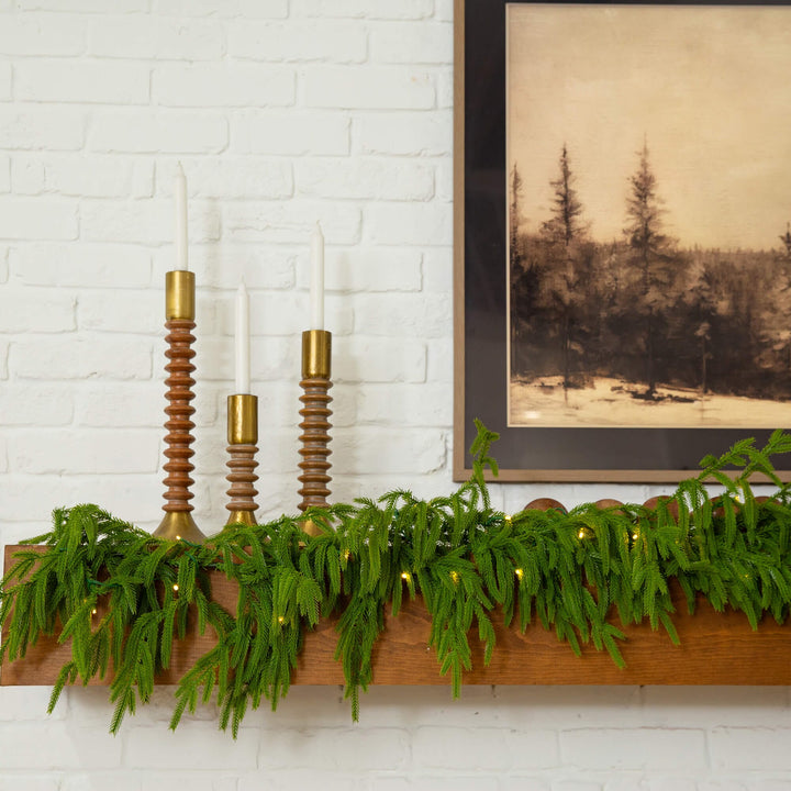 9' Pre-Lit Artificial Real Touch Norfolk Island Pine Garland with 50 Warm White LED Lights and Natural Look, realistic greenery decor for mantel, staircase o...