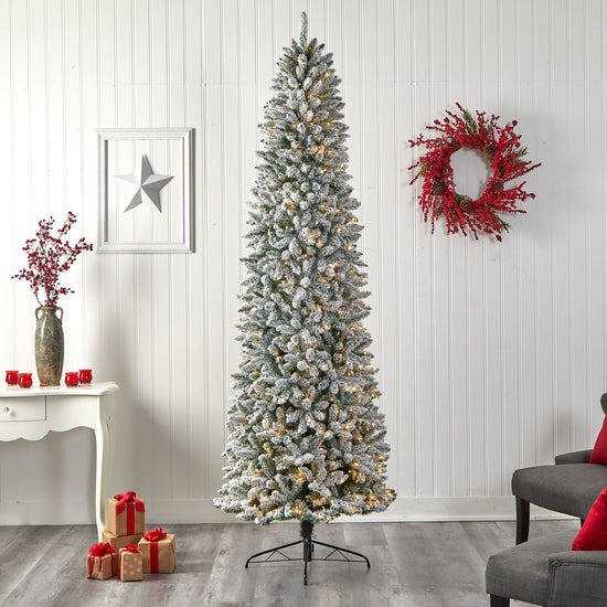 9' Slim Flocked Montreal Fir Artificial Christmas Tree, holiday tree for festive indoor Christmas decorating