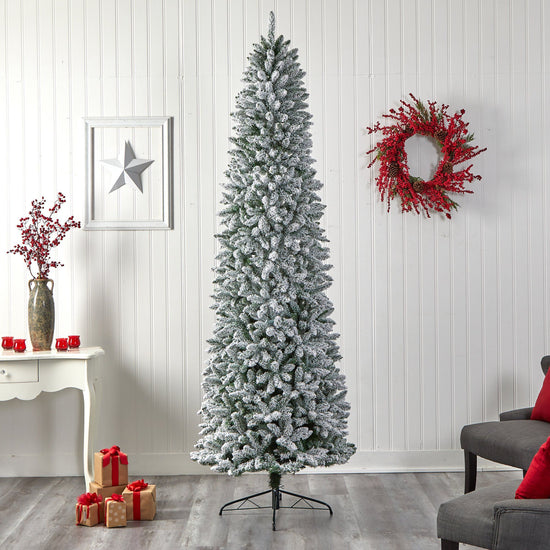 9' Slim Flocked Montreal Fir Artificial Christmas Tree, decorative Christmas tree for home and seasonal holiday display
