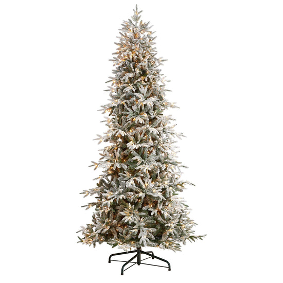 9.5’ Flocked Manchester Spruce Artificial Christmas Tree with 650 Lights and 1733 Bendable Branches
