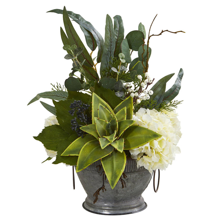Hydrangea, Succulent and Eucalyptus Artificial Arrangement in Vintage Bowl with Copper Trimming