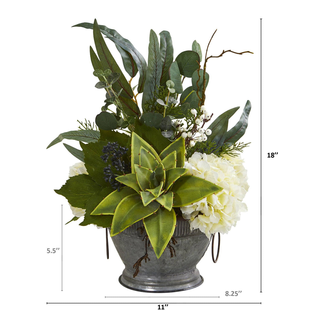 Hydrangea, Succulent and Eucalyptus Artificial Arrangement in Vintage Bowl with Copper Trimming