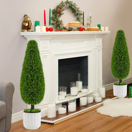 2 Pack 3 Feet Artificial Cedar Teardrop Shaped Bush with Plastic Nursery Pot-Green — realistic faux greenery for indoor home decor