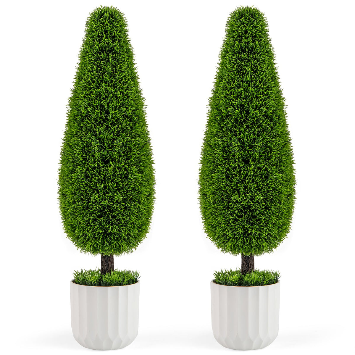 2 Pack 3 Feet Artificial Cedar Teardrop Shaped Bush with Plastic Nursery Pot-Green — faux plant accent for living room office and home decor seasonal decorating choice
