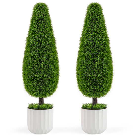 2 Pack 3 Feet Artificial Cedar Teardrop Shaped Bush with Plastic Nursery Pot-Green — faux plant accent for living room office and home decor seasonal decorating choice
