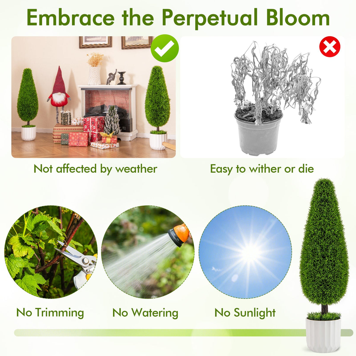 2 Pack 3 Feet Artificial Cedar Teardrop Shaped Bush with Plastic Nursery Pot-Green — realistic faux greenery for indoor home decor decorative design