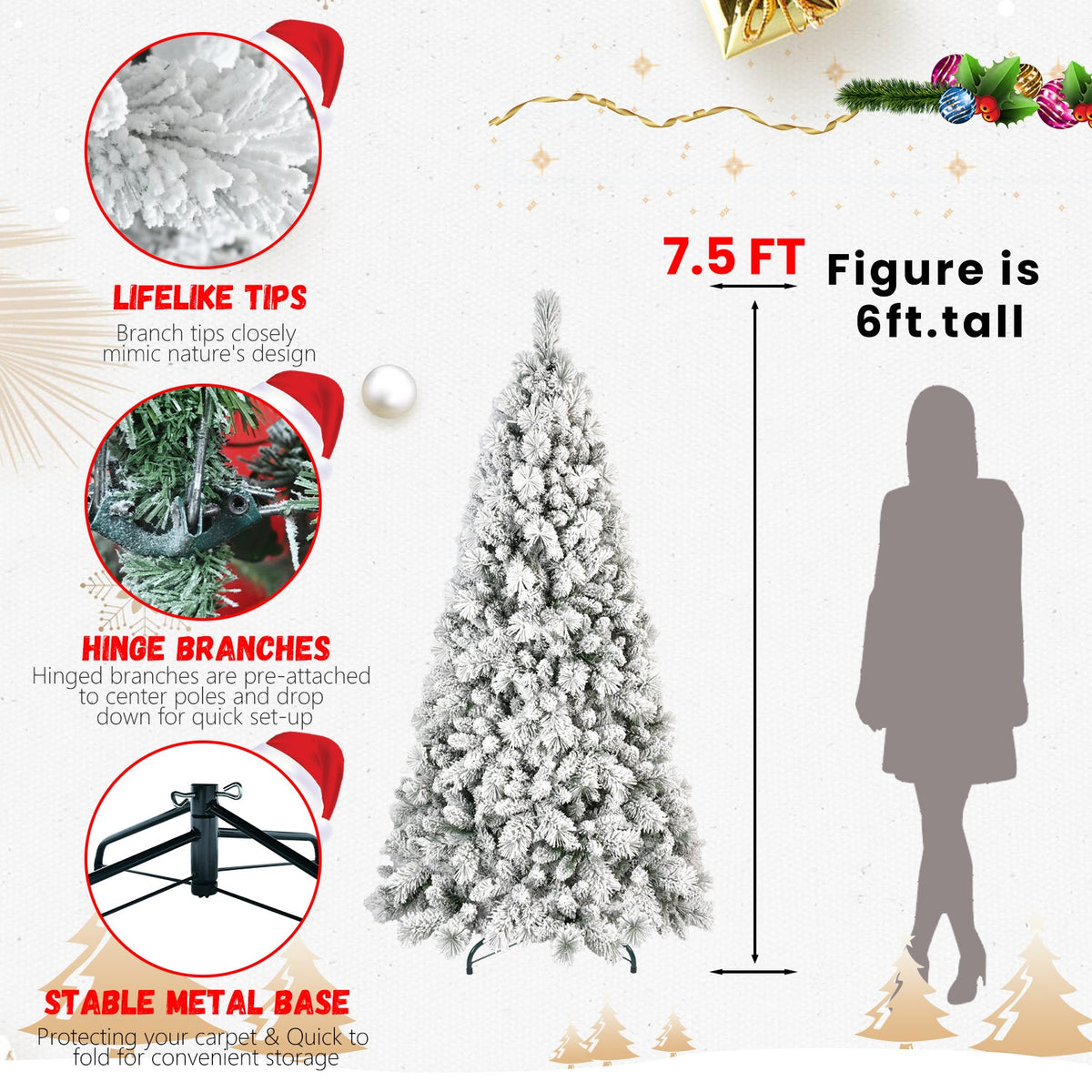 8FT Flocked Christmas Tree with 1445 Tips – Snowy PVC & Hard Needle Branches